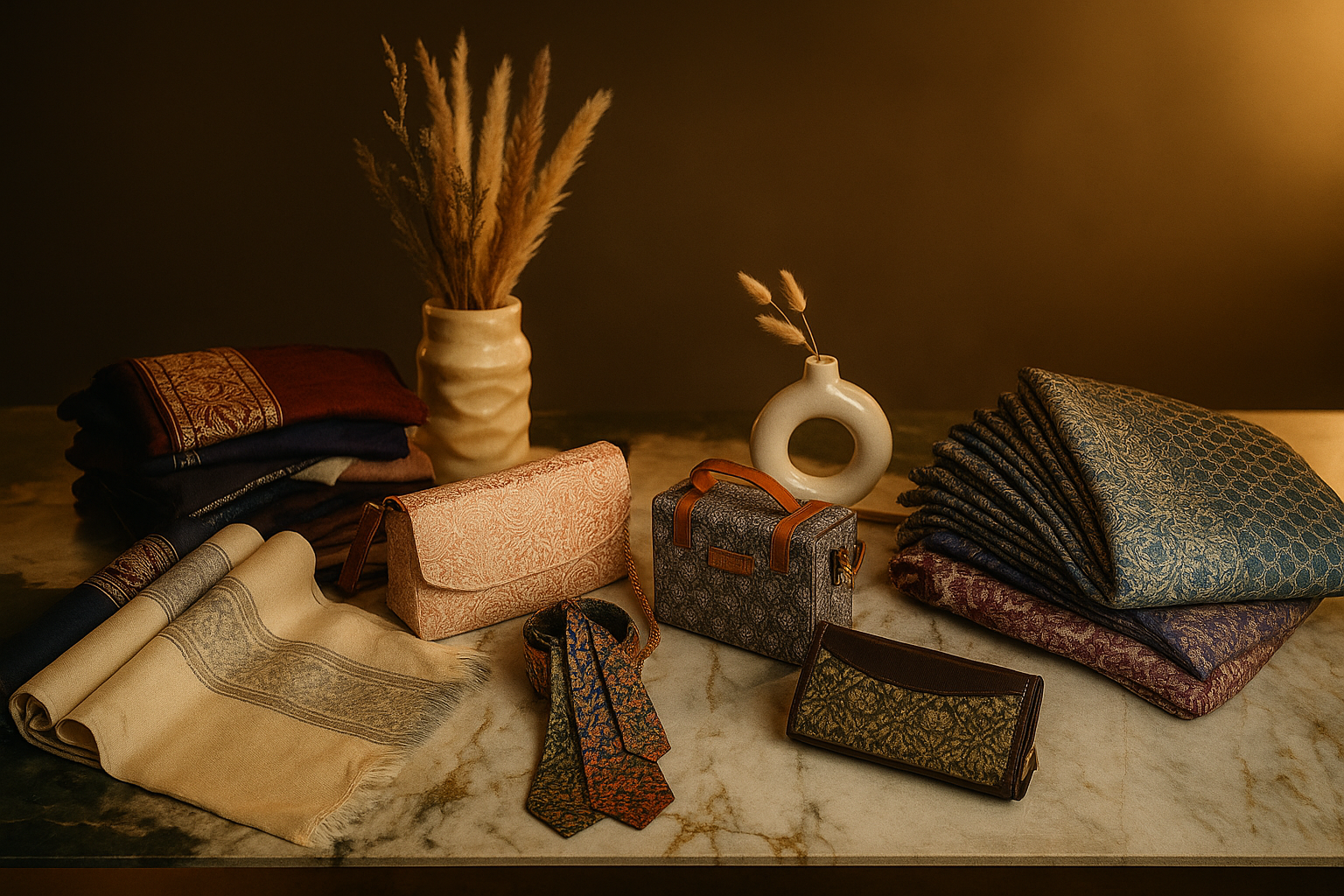 Collection of patterned fabric pieces and accessories on a marble surface with a warm, dark background.